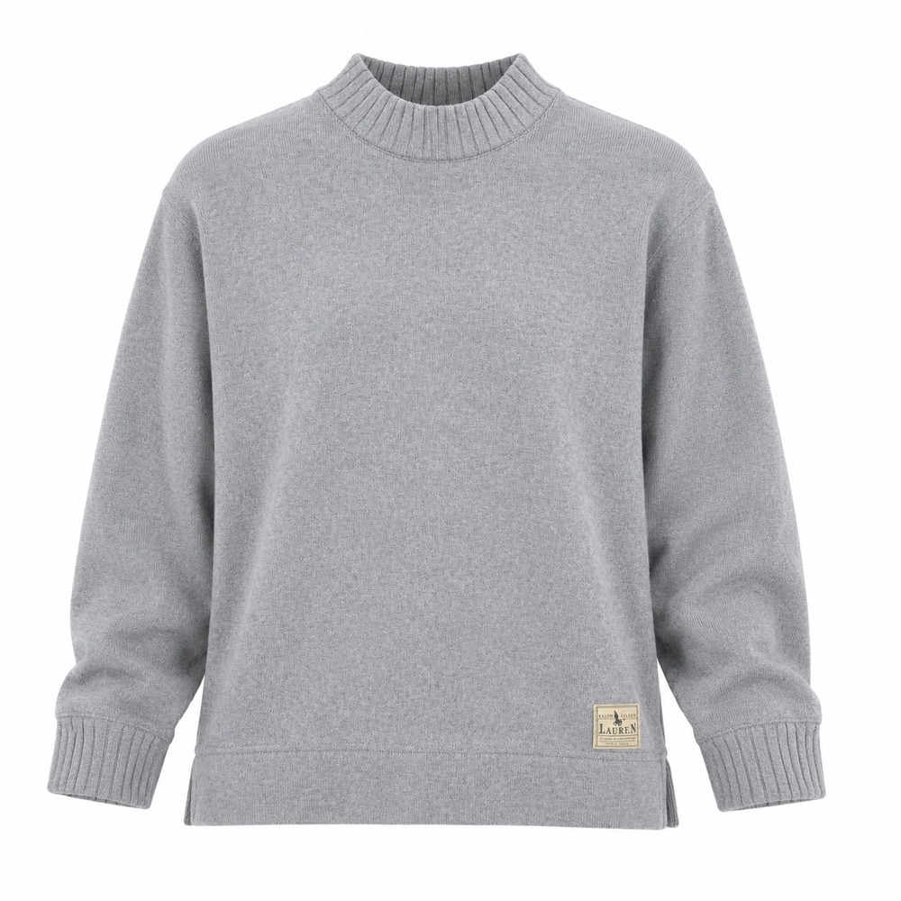 Lauren Ralph Gray Mock Neck Cotton Knit Sweater petite Large logo coastal cozy
